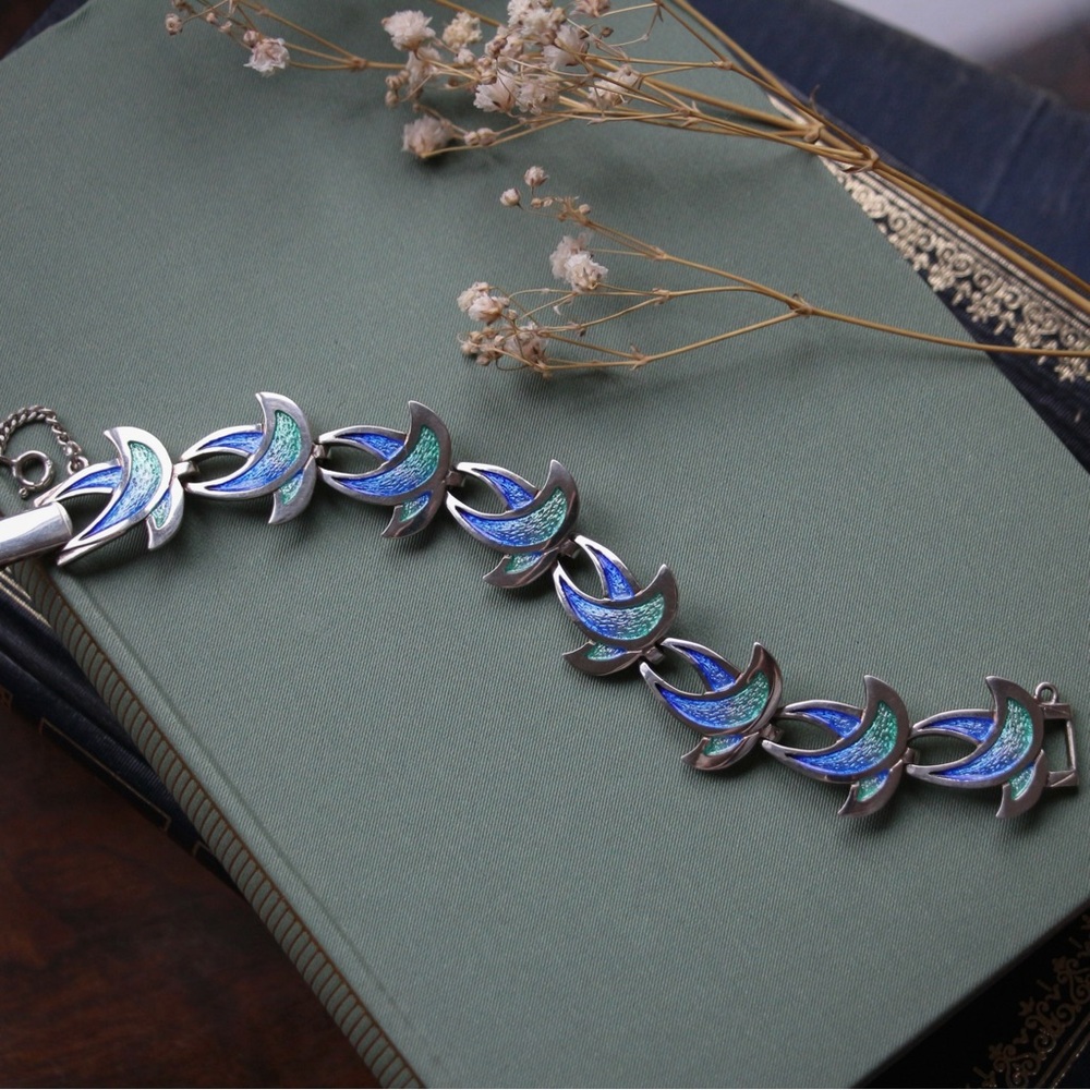 1980's Sterling Aqua Blue Enamel Bracelet